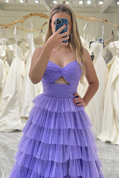 Purple A Line Cut Out Sweetheart Tiered Long Prom Dress With Slit Sexy