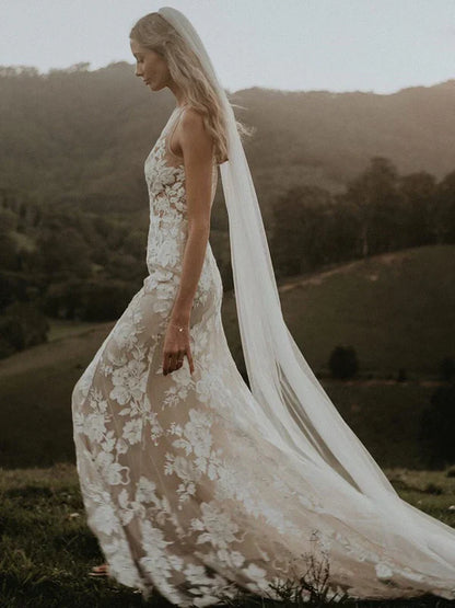 Long Sheath Wedding dresses Lace V-neck Bridal Gowns Floor Length Sexy Elegant