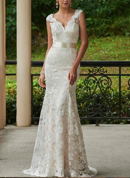 Lace Sheath/Column V-Neck Wedding Dresses With Bow(S) Sweep Train Sleeveless Elegant