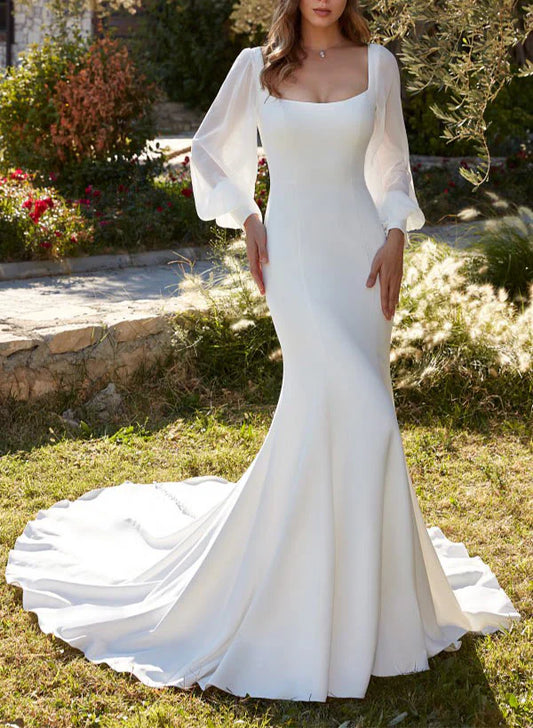 Square Neckline Long Sleeve Trumpet/Mermaid Wedding Dress With Sweep Train Solid Color Elegant
