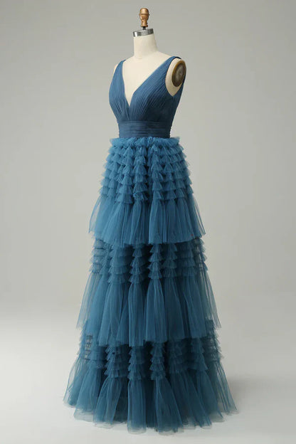 A Line V-Neck Blue Long Prom Dress Tulle With Open Back Sleeveless