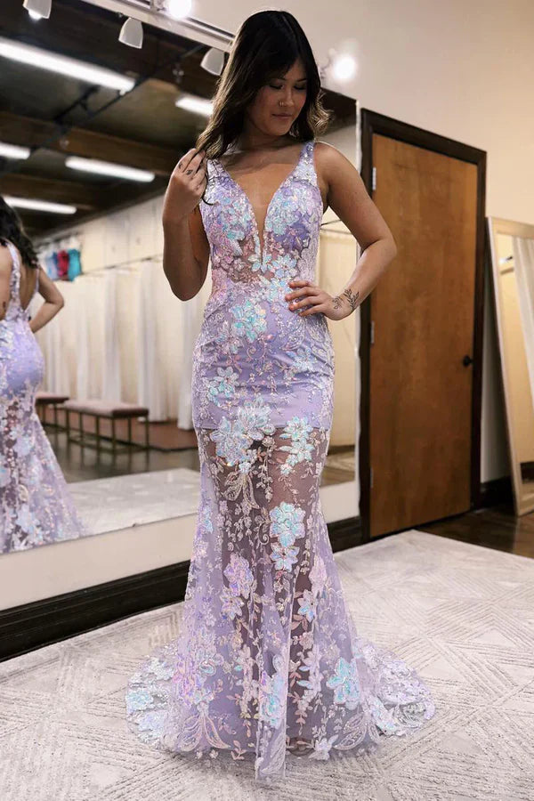 V Neck Mermaid Sequin Lace Long Prom Dresses Sexy Evening Dress With Flowers