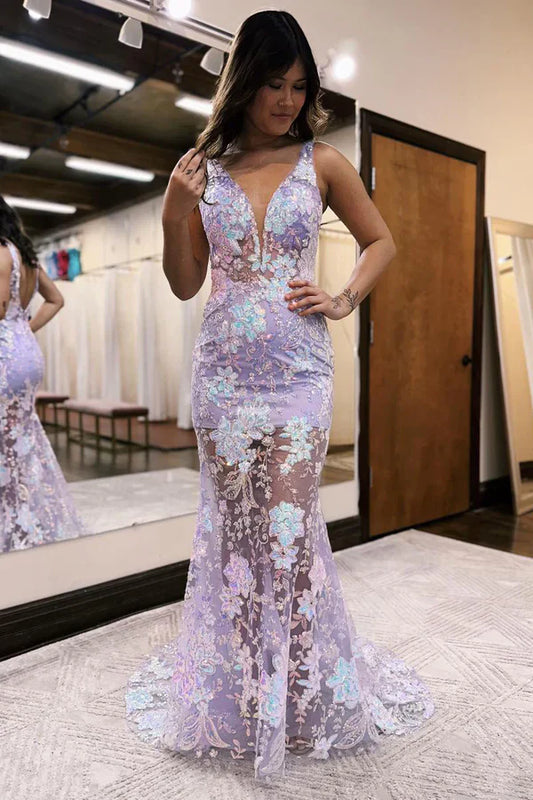 V Neck Mermaid Sequin Lace Long Prom Dresses Sexy Evening Dress With Flowers