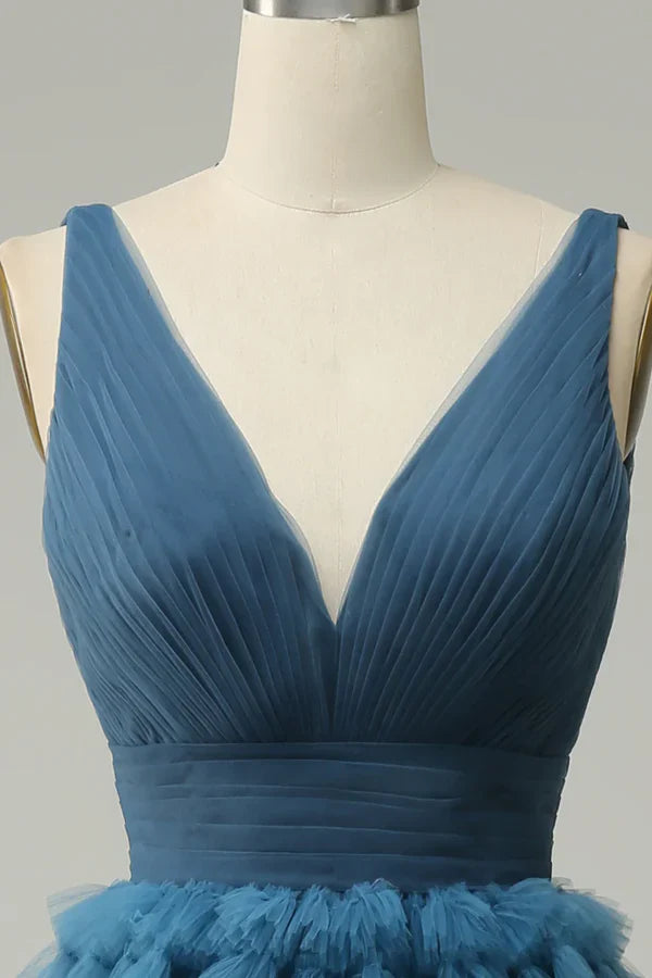 A Line V-Neck Blue Long Prom Dress Tulle With Open Back Sleeveless