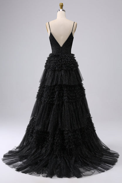 A Line Tulle Spaghetti Straps Sweetheart Prom Dress Floor Length With Slit
