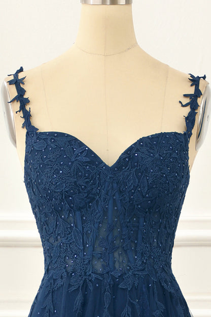 Navy Tulle A Line Corset Prom Dress With Appliques Floor Length Beautiful