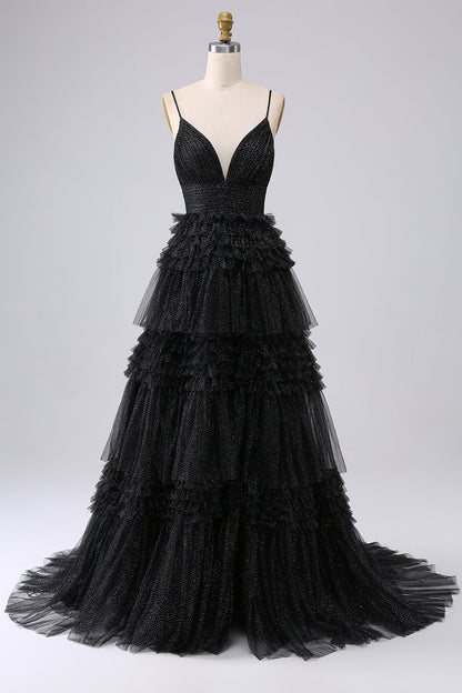A Line Tulle Spaghetti Straps Sweetheart Prom Dress Floor Length With Slit