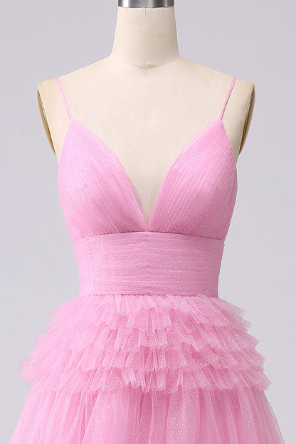 A Line Tulle Spaghetti Straps Sweetheart Prom Dress Floor Length With Slit