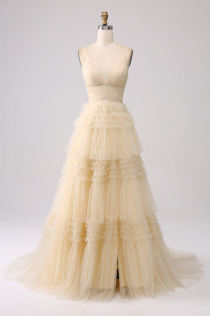 A Line Tulle Spaghetti Straps Sweetheart Prom Dress Floor Length With Slit