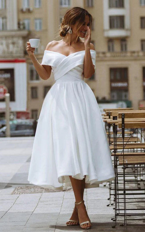 A-Line Satin Tea Length White Off the Shoulder Wedding Dress Sexy Elegant