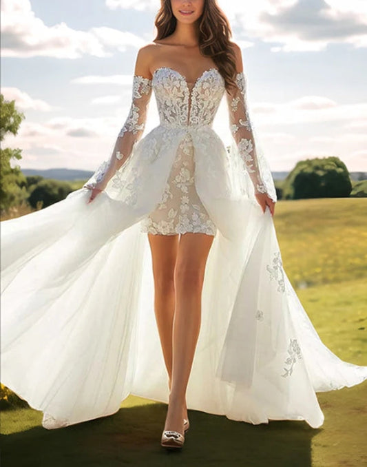 Sweetheart Long Sleeves Lace Wedding Dresses With Detachable Train Off Shoulder Beautiful