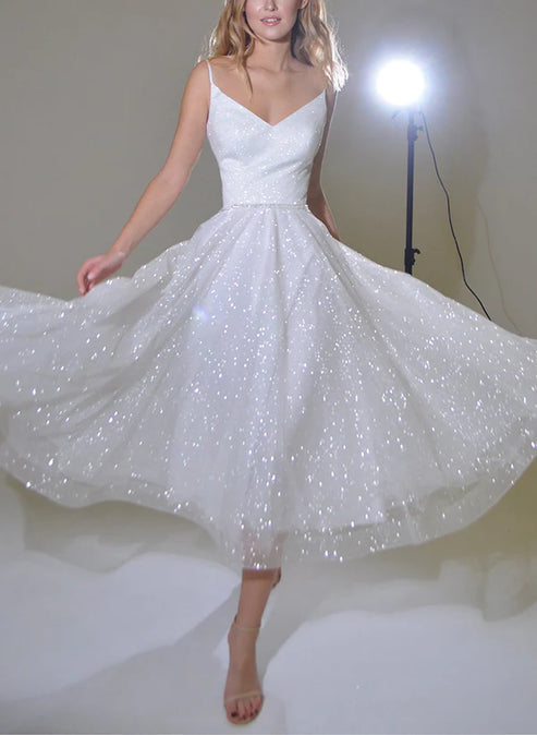 Shiny A-Line V-Neck Sleeveless Little White Sequined Wedding Dresses Short Party Dress
