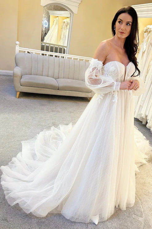 Ivory Tulle A-Line Long Wedding Dress with Train Off Shoulder Beautiful
