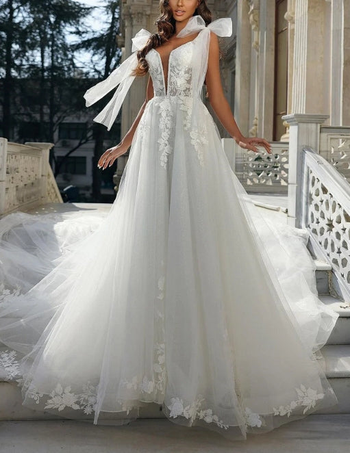 White Wedding Dress A Line Appliques Bridal Dress With Lace Appliques Sleeveless Floor Length