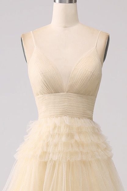 A Line Tulle Spaghetti Straps Sweetheart Prom Dress Floor Length With Slit