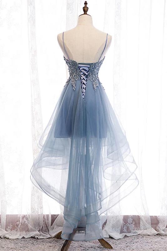 High Low Spaghetti Straps Tulle Homecoming Dresses with Appliques V Neck Prom Dresses Short