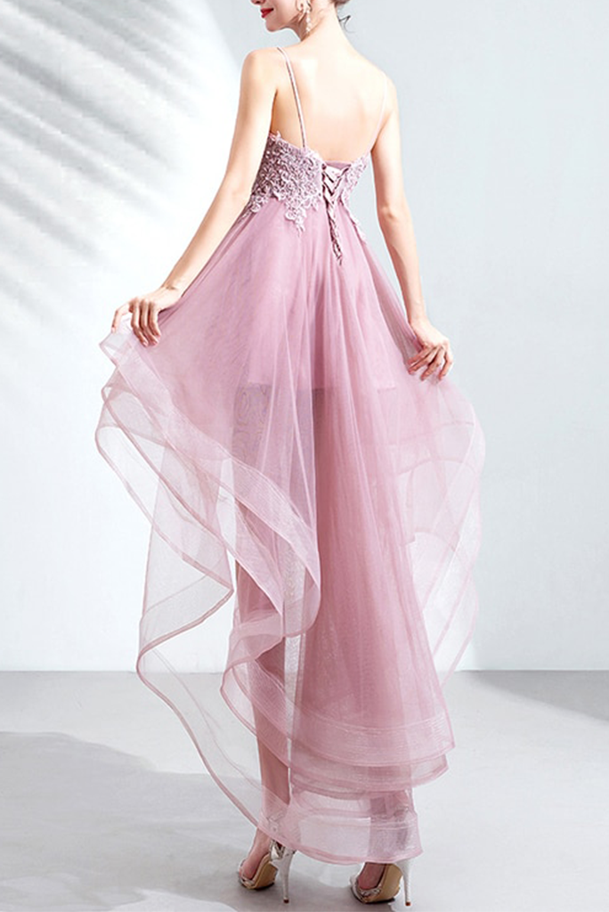 High Low Spaghetti Straps Tulle Homecoming Dresses with Appliques V Neck Prom Dresses Short