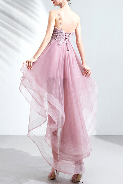 High Low Spaghetti Straps Tulle Homecoming Dresses with Appliques V Neck Prom Dresses Short