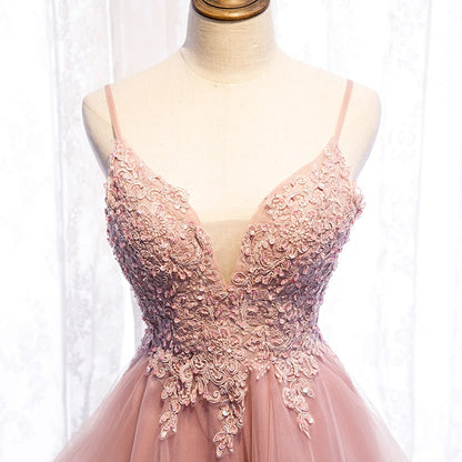 High Low Spaghetti Straps Tulle Homecoming Dresses with Appliques V Neck Prom Dresses Short