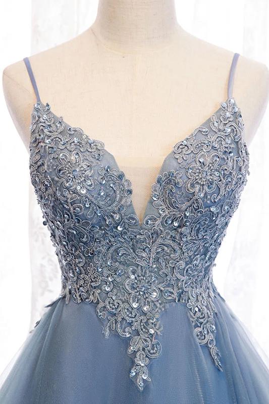 High Low Spaghetti Straps Tulle Homecoming Dresses with Appliques V Neck Prom Dresses Short