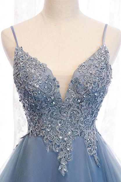 High Low Spaghetti Straps Tulle Homecoming Dresses with Appliques V Neck Prom Dresses Short