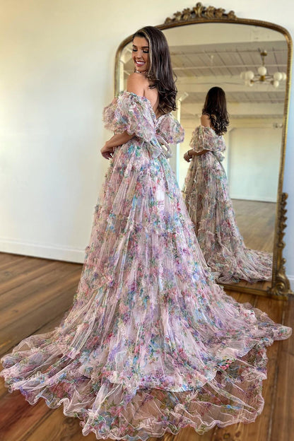 A Line Pink Green Flower Strapless Corset Tulle Long Prom Dress Off Shoulder