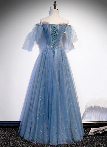 Charming Light Blue Tulle Puffy Sleeves Floor Length Party Dress A-line Pricess Gowns Prom Dress Sparkly