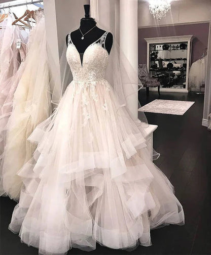 Ball Gown V Neck Tulle Lace Wedding Dresses A Line Floor Length Beautiful