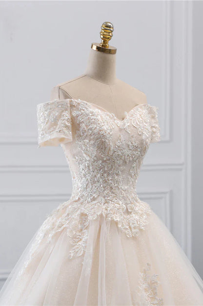 Princess Off The Shoulder Tulle Wedding Dress With Lace Appliques Elegant Beautiful