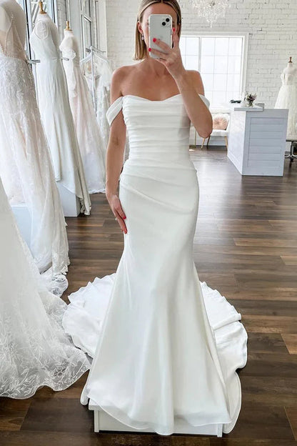 Elegant Mermaid Off the Shoulder White Satin Long Wedding Dresses Solid Color