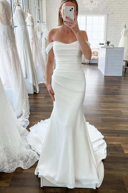 Elegant Mermaid Off the Shoulder White Satin Long Wedding Dresses Solid Color