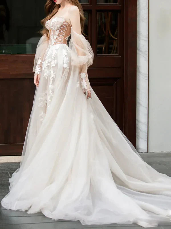 A-Line Lace Tulle Long Prom Dress Bride Gown Wedding Dress Beautiful