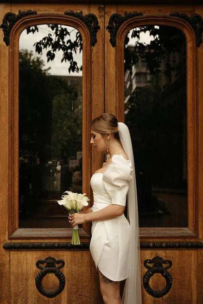 Bodycon Square Neck Satin Short Wedding Dresses with Lantern Sleeves White