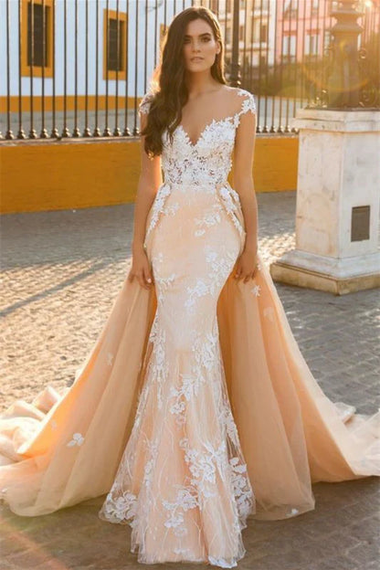 Cap Sleeve Sweetheart Mermaid Wedding Dress With Lace Appliques And Panel Train Elegant