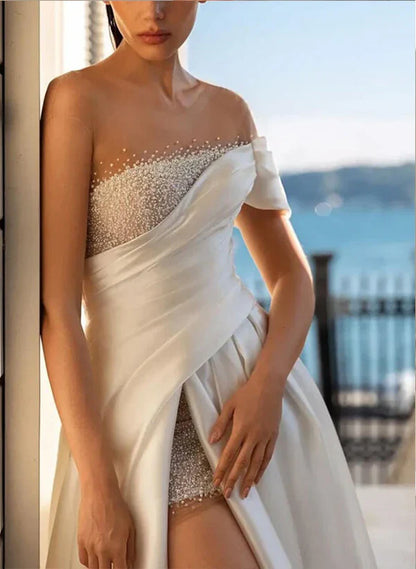 Off The Shoulder Satin A-Line/Princess Wedding Dresses With Sequins Split Front Floor Length