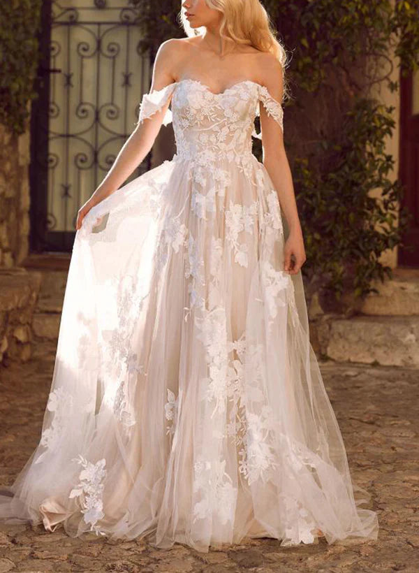Off-The-Shoulder Tulle Lace Wedding Dress With Appliques Lace Floor Length Elegant