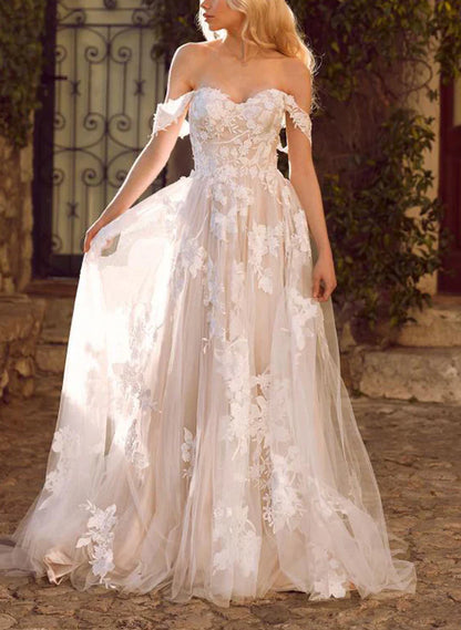 Off-The-Shoulder Tulle Lace Wedding Dress With Appliques Lace Floor Length Elegant