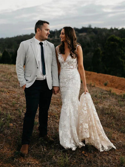 Long Sheath Wedding dresses Lace V-neck Bridal Gowns Floor Length Sexy Elegant