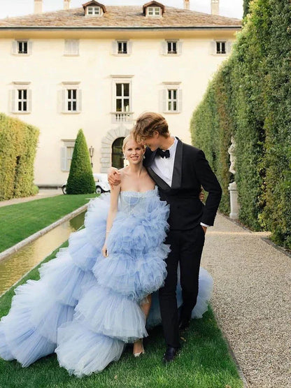 Drama Ball Gown Wedding Dress Blue Tiered Tulle Wedding Dress Off Shoulder Elegant