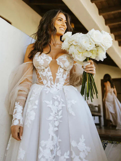 A-Line Off The Shoulder Long Sleeves Lace Appliques Bohemian Wedding Dress Sexy