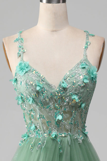 Sparkly Green A-Line Spaghetti Straps Corset Prom Dress With Appliques Beautiful With Slit