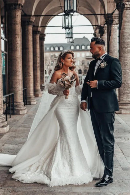 Bubble Sleeve Sweetheart Mermaid Wedding Dress With Lace Off Shoulder Floor Length