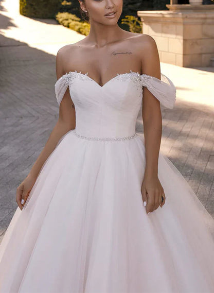 Vintage Tulle Wedding Dress Off Shoulder With Sleeves Floor Length Elegant Sexy