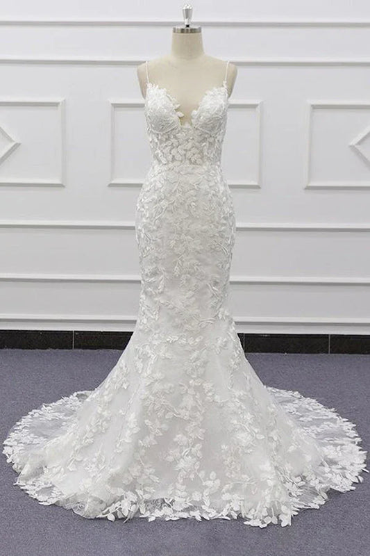 White Tulle Wedding Dress Lace Appliques Spaghetti Straps Mermaid Bridal Dress Open Back