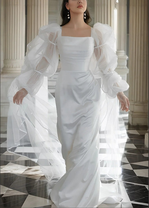 Ivory Square Neck Wedding Dress Long Sleeves Sheath/Column Bridal Dress Formal Dress