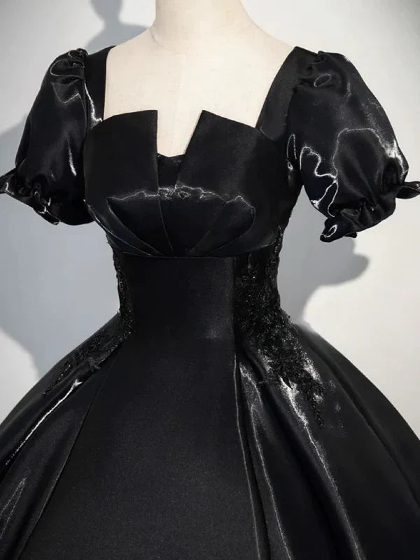 A-Line Satin Black Long Prom Dress Quinceanera Dress Short Sleeves Evening Dress
