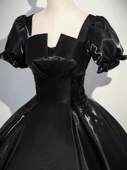A-Line Satin Black Long Prom Dress Quinceanera Dress Short Sleeves Evening Dress