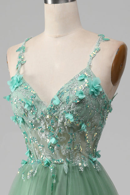 Sparkly Green A-Line Spaghetti Straps Corset Prom Dress With Appliques Beautiful With Slit