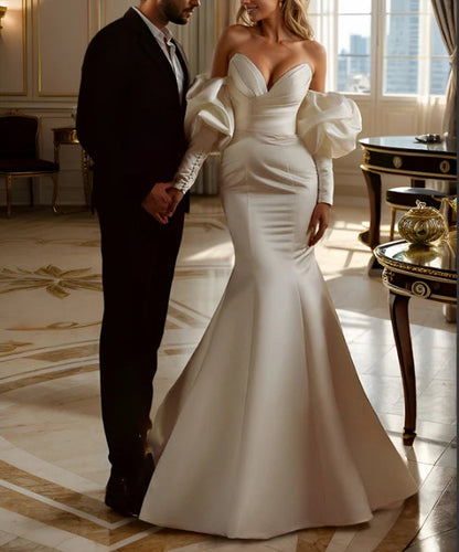Elegant Long Sleeves Court Train Satin Wedding Dresses Off Shoulder Floor Length Elegant Sexy