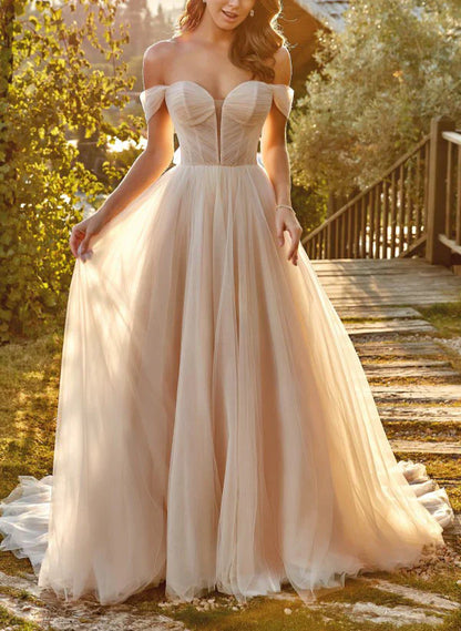 Sweetheart Sweep Train Tulle Ball-Gown Wedding Dresses Off Shoulder Floor Length Elegant